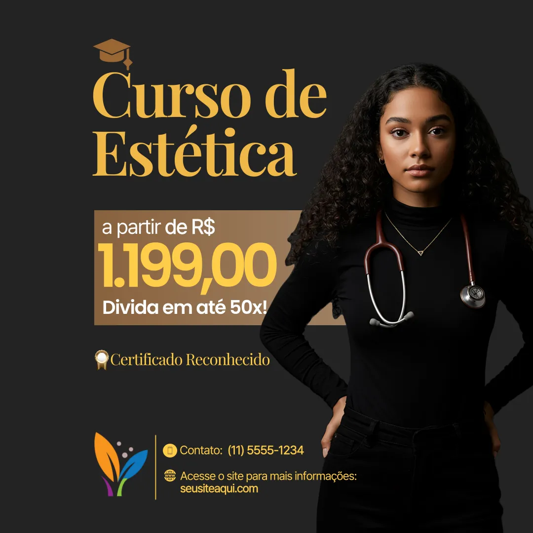 Banner promocional de curso de estética com mulher negra de cabelos cacheados, usando estetoscópio, sobre fundo escuro. Texto destaca valor a partir de R$1.199,00, parcelamento em até 50x e certificado reconhecido.