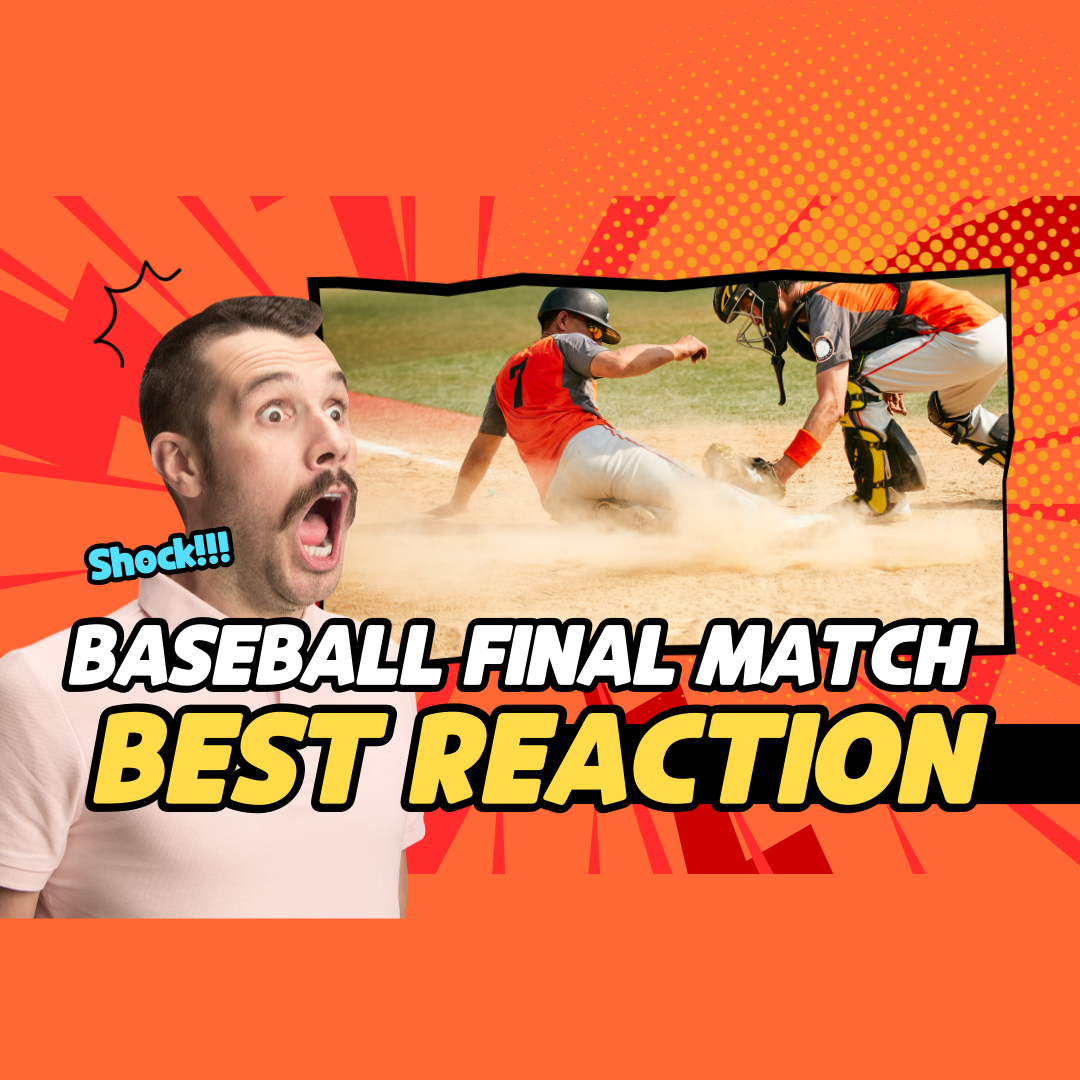 Homem surpreso reage à jogada final de um jogo de beisebol entre dois jogadores com uniforme laranja, com texto “Baseball Final Match – Best Reaction”