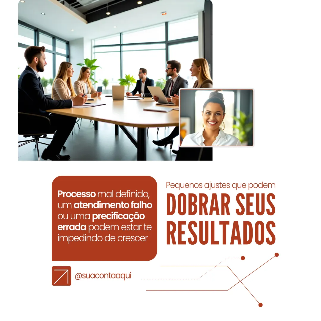 Reunião corporativa com equipe executiva em sala moderna, a companhia de mensagem sobre falhas em processos, atendimento e precificação, com destaque para consultora sorridente e promessa de dobrar resultados.