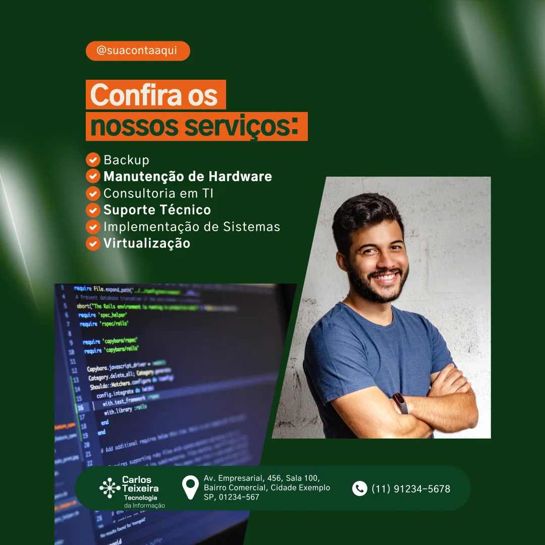 Banner com fundo verde-escuro apresentando lista de serviços de TI como backup, suporte técnico, virtualização, e foto de profissional sorridente ao lado da tela com códigos de programação.