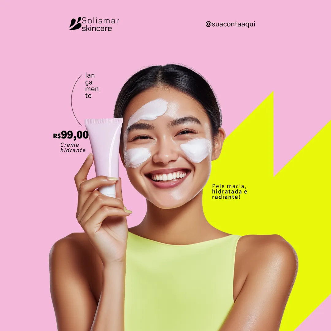 Mulher sorridente com creme hidratante no rosto segurando embalagem rosa, sobre fundo rosa com detalhe amarelo, divulgando lançamento da Solismar Skincare com o valor de R$99,00.