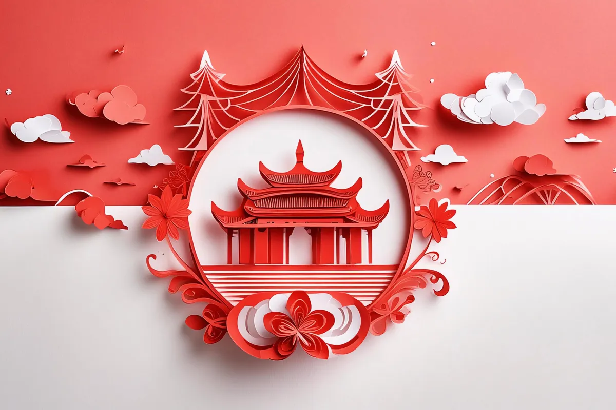 Ilustração em papel 3D de templo asiático vermelho com flores, árvores e nuvens em fundo bicolor vermelho e branco