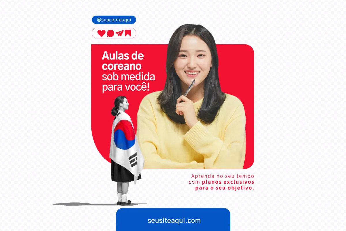 Anúncio visual de aulas de coreano com aluna sorridente, bandeira da Coreia do Sul e chamada para planos de estudo personalizados.