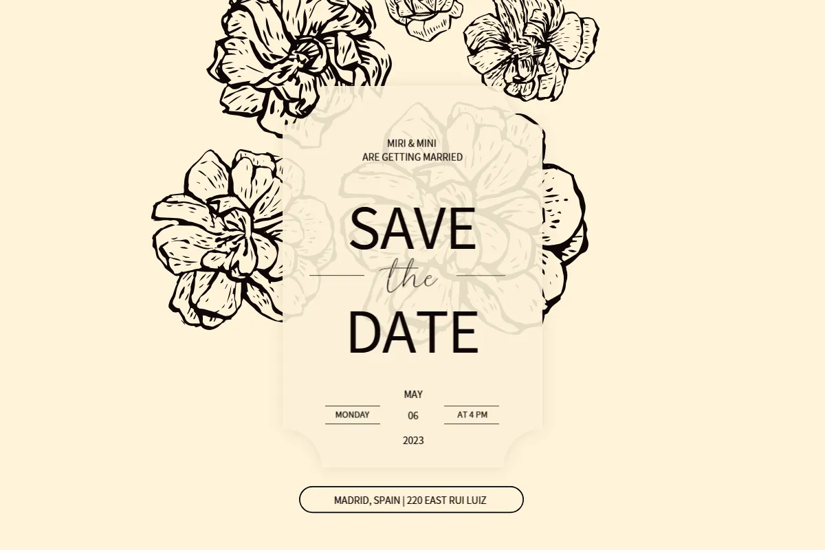 Convite “Save the Date” com flores desenhadas em preto sobre fundo bege, anunciando o casamento de Miri & Mini no dia 6 de maio de 2023, em Madrid, Espanha.