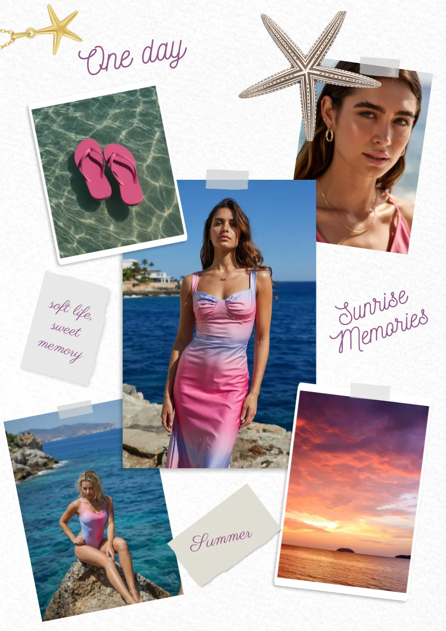 Colagem com fotos de verão incluindo mulheres usando vestidos e maiôs em tons rosados, mar cristalino, chinelos, céu alaranjado e frases como “Sunrise Memories” e “Soft life, sweet memory”.