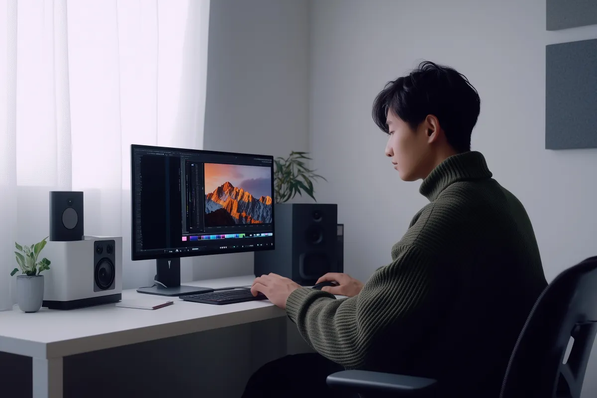 Jovem sentado em escritório doméstico usando software de edição de imagem em computador, com foto de montanha exibida na tela.