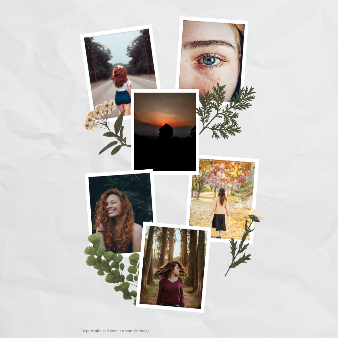 Colagem de fotos femininas com elementos da natureza, flores secas e fundo branco amassado estilo papel