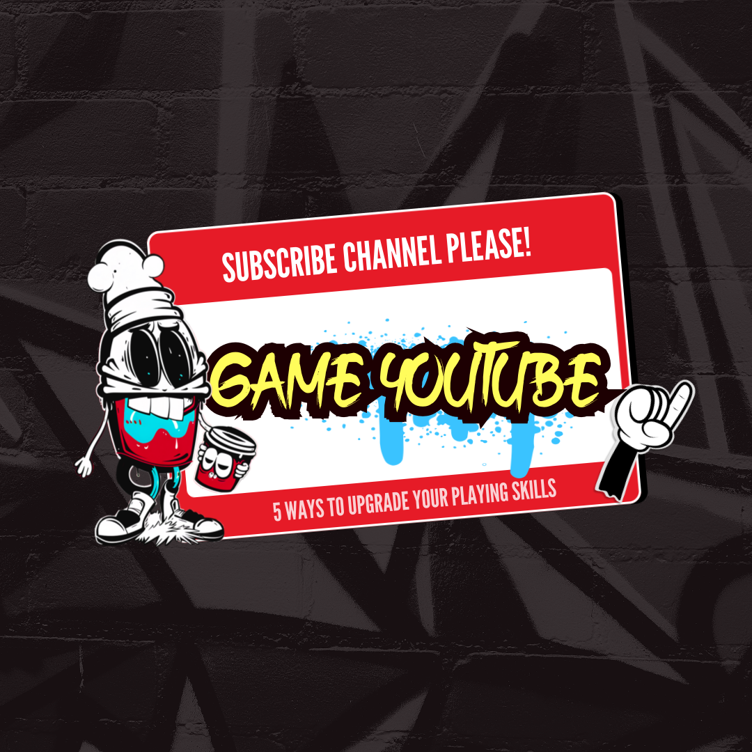 Arte urbana com personagem animado mãos café e placa com texto “Inscreva-se no canal, por favor! Game YouTube – 5 maneiras de atualizar suas habilidades de jogo”