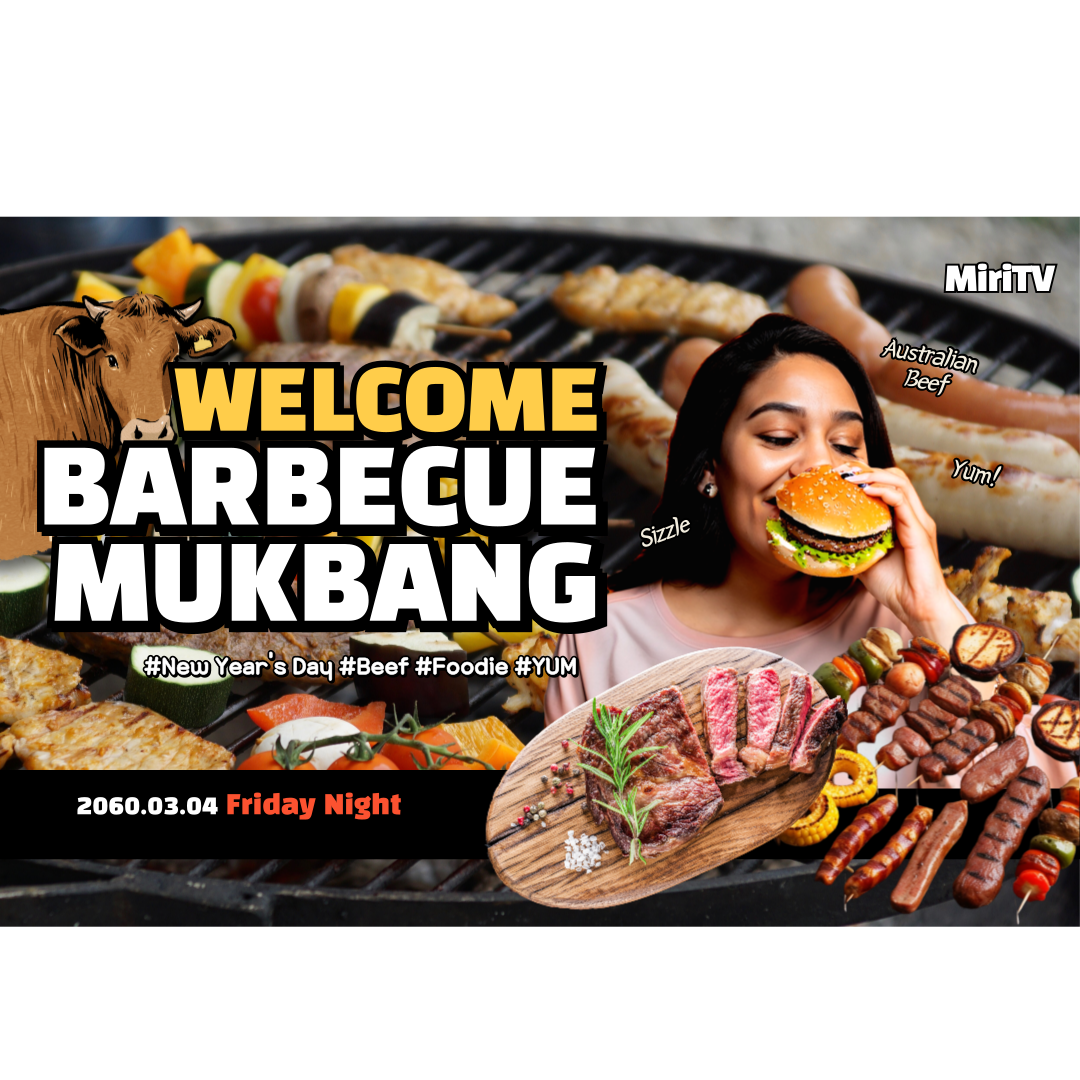 Banner promocional de mukbang com churrasco, mulher comendo hambúrguer, carnes grelhadas e texto “Welcome Barbecue Mukbang” sobre uma grelha acesa