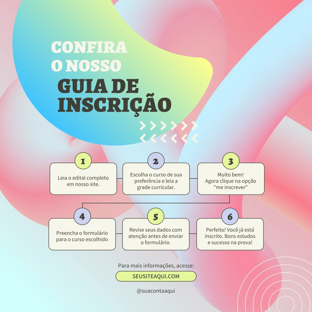 Imagem colorida com passo a passo explicativo para inscrição em cursos, contendo seis etapas com orientações e link para o site.