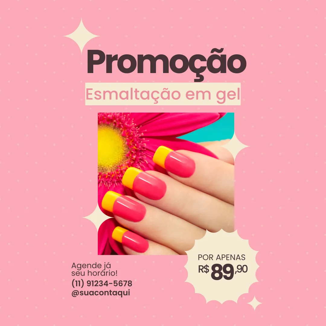 Promoção de esmaltação em gel com unhas rosa e francesinha amarela, em fundo rosa com detalhes gráficos e preço promocional de R$ 89,90.