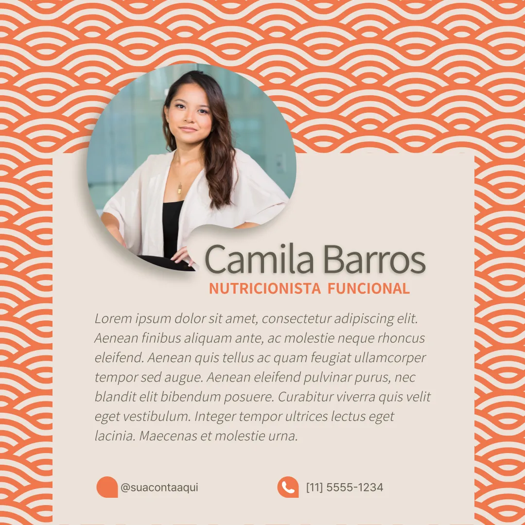 Imagem com apresentação da nutricionista funcional Camila Barros, incluindo foto profissional, contato, rede social e descrição de serviços sobre fundo com padrão geométrico laranja.
