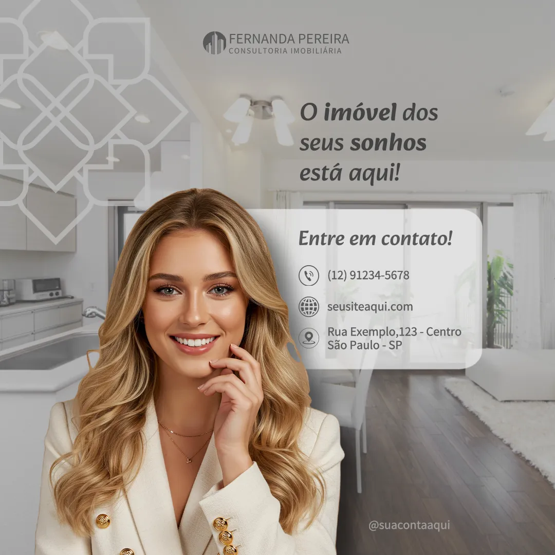 Imagem publicitária com consultora imobiliária loira sorridente, fundo de apartamento moderno e dados de contato com chamada para encontrar o imóvel dos sonhos.