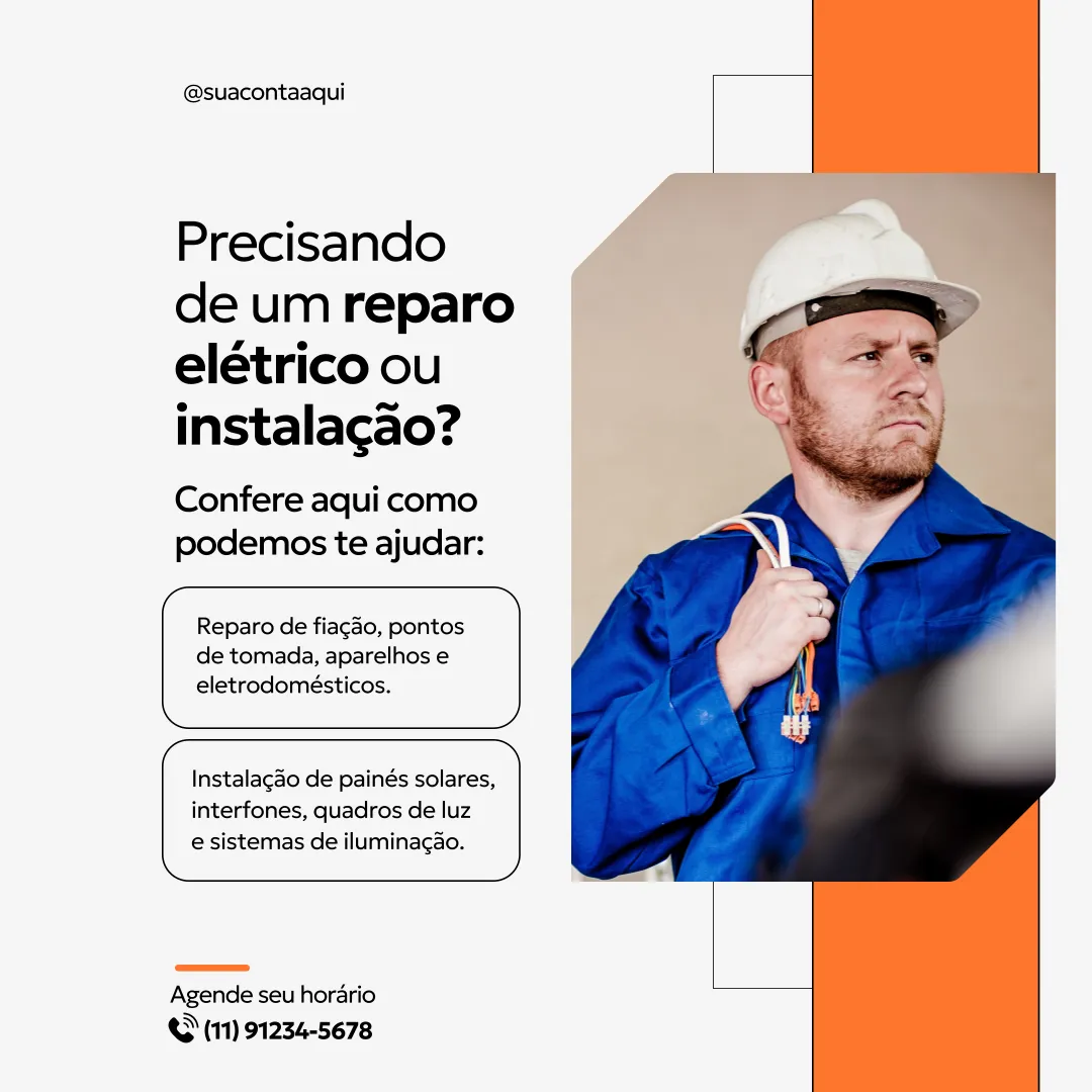 Arte promocional de serviços elétricos com eletricista de capacete e uniforme azul segurando fios, ao lado de texto com descrição dos serviços e contato para agendamento.