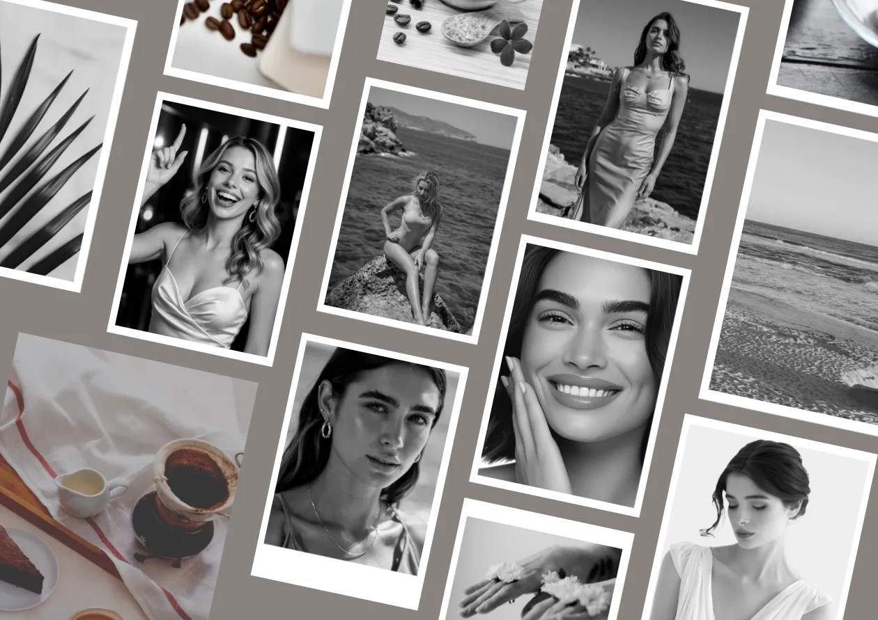 Colagem de fotos em preto e branco com mulheres sorrindo, paisagens naturais e detalhes de café e flores, em estilo sofisticado e minimalista.