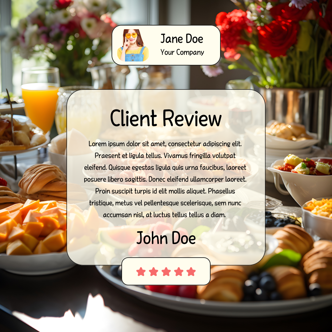 Depoimento de cliente com foto de perfil e avaliação cinco estrelas sobre fundo de mesa posta com café da manhã elegante e flores