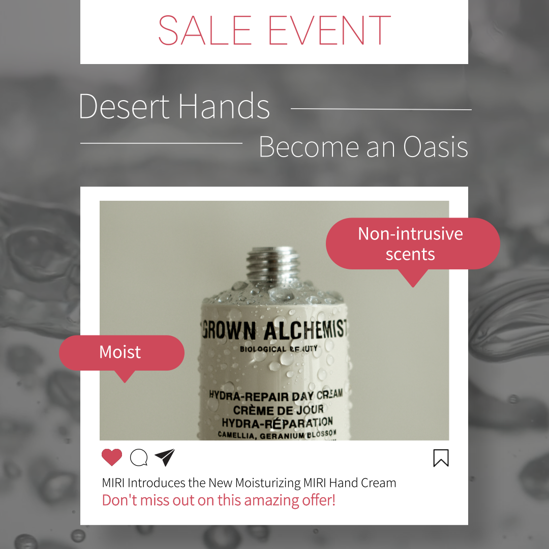 Promoção de creme para mãos Grown Alchemist com gotas de água na embalagem, destacando hidratação intensa e fragrância leve