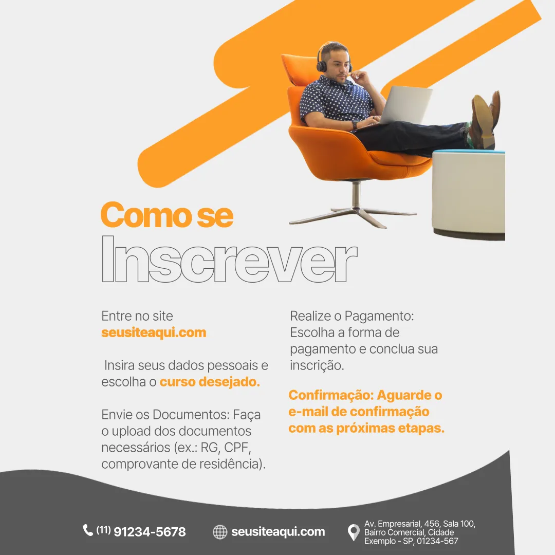 Imagem com homem em poltrona laranja usando notebook e instruções escritas sobre como se inscrever em cursos, incluindo site, documentos e confirmação por e-mail.