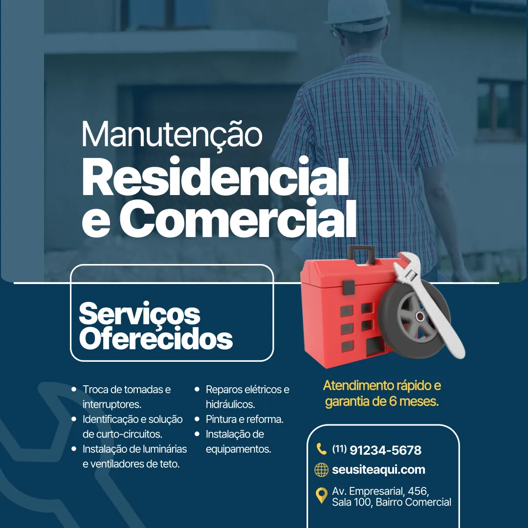 Banner de serviços de manutenção residencial e comercial com lista de serviços oferecidos, contato e imagem ilustrativa de ferramentas.