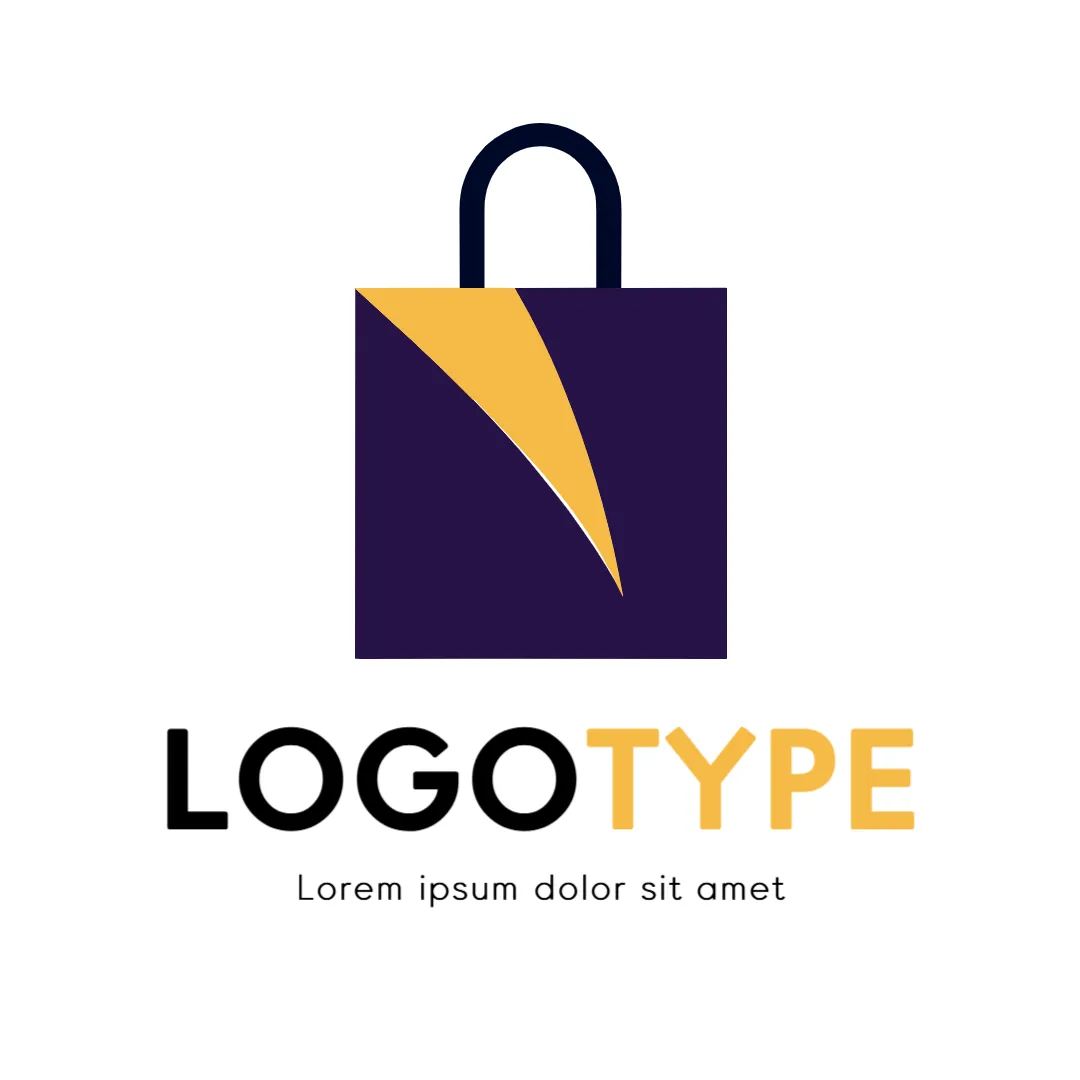 Logotipo moderno com ícone de sacola roxa estilizada com detalhe amarelo e tipografia mista em preto e amarelo, ideal para marcas de comércio eletrônico.