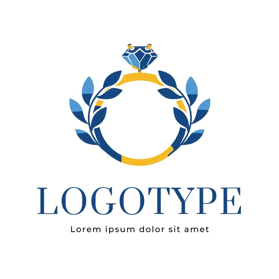 Logotipo elegante com anel de diamante cercado por folhas em tons de azul e amarelo, simbolizando luxo, compromisso e sofisticação.