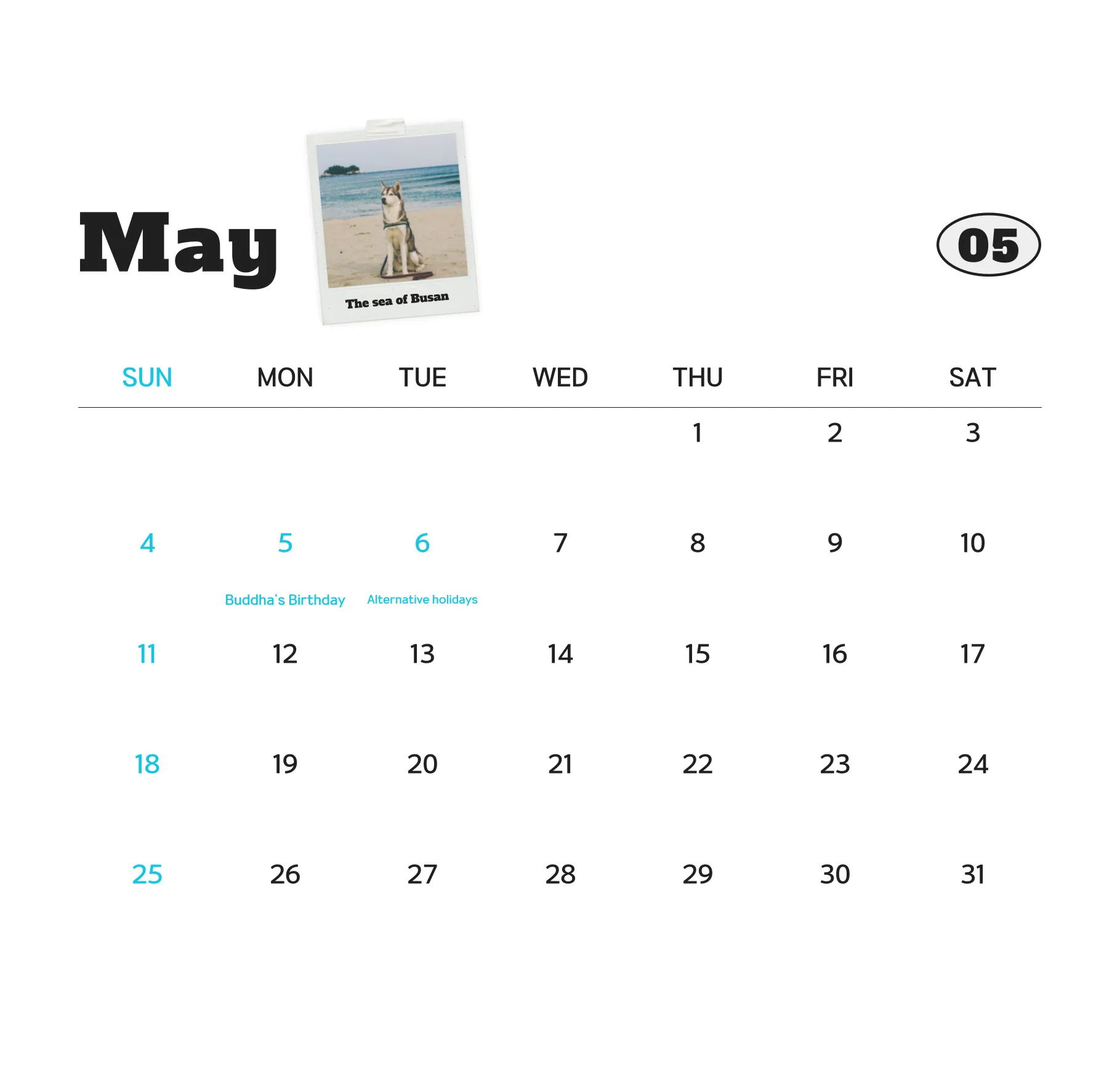 Calendário de maio com uma foto na parte superior, destacando o feriado de aniversário de Buda em 5 de maio e outros feriados alternativos.