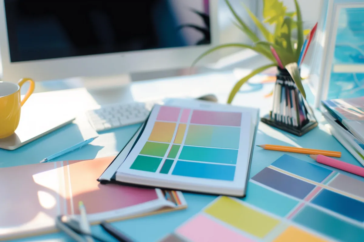 Mesa de escritório com paletas de cores em tons suaves, canetas coloridas e um computador de fundo.