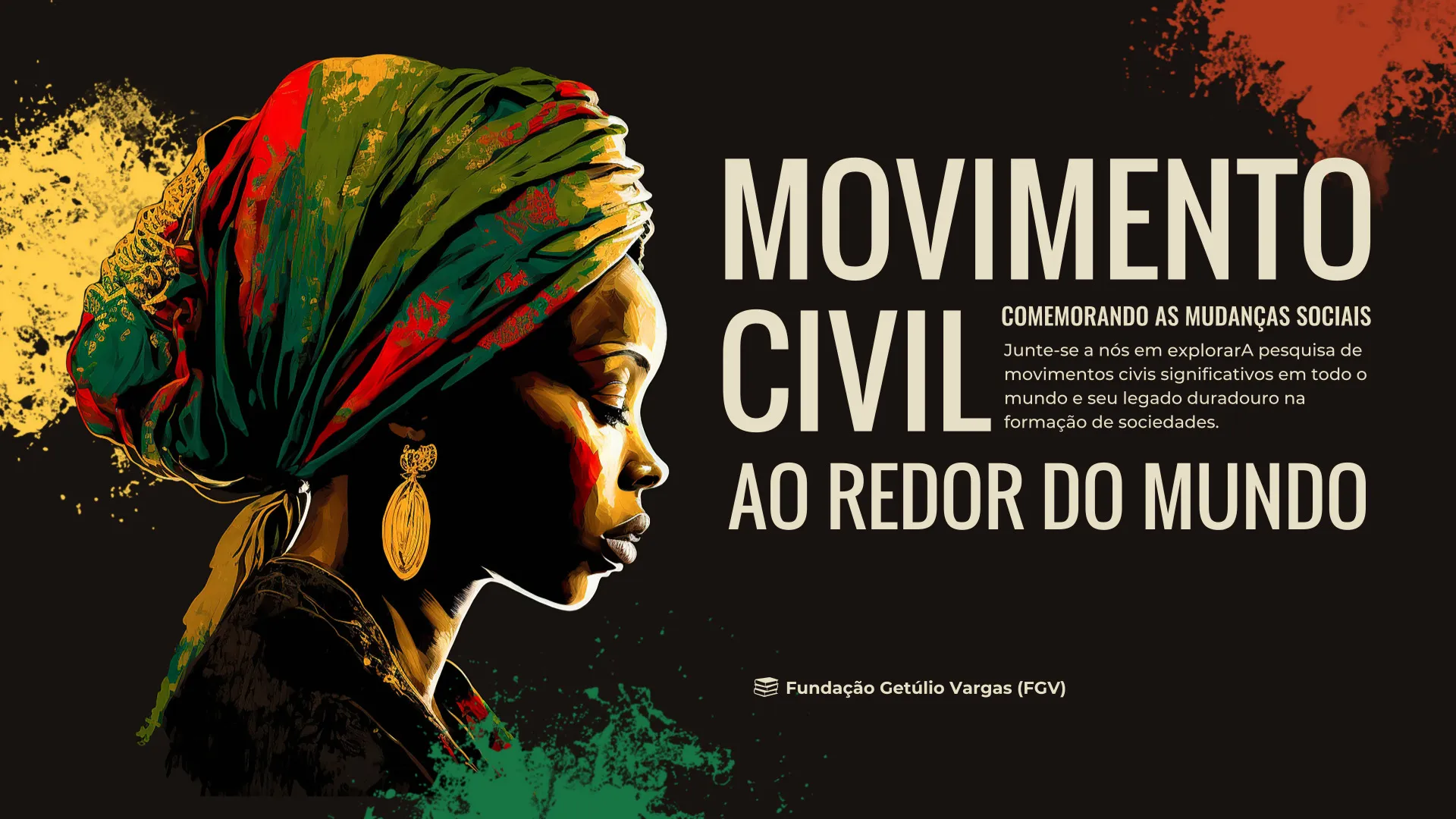 Ilustração de mulher com turbante colorido em estilo gráfico, destacando as bandeiras africanas, com o título 'Movimento Civil' em letras grandes.
