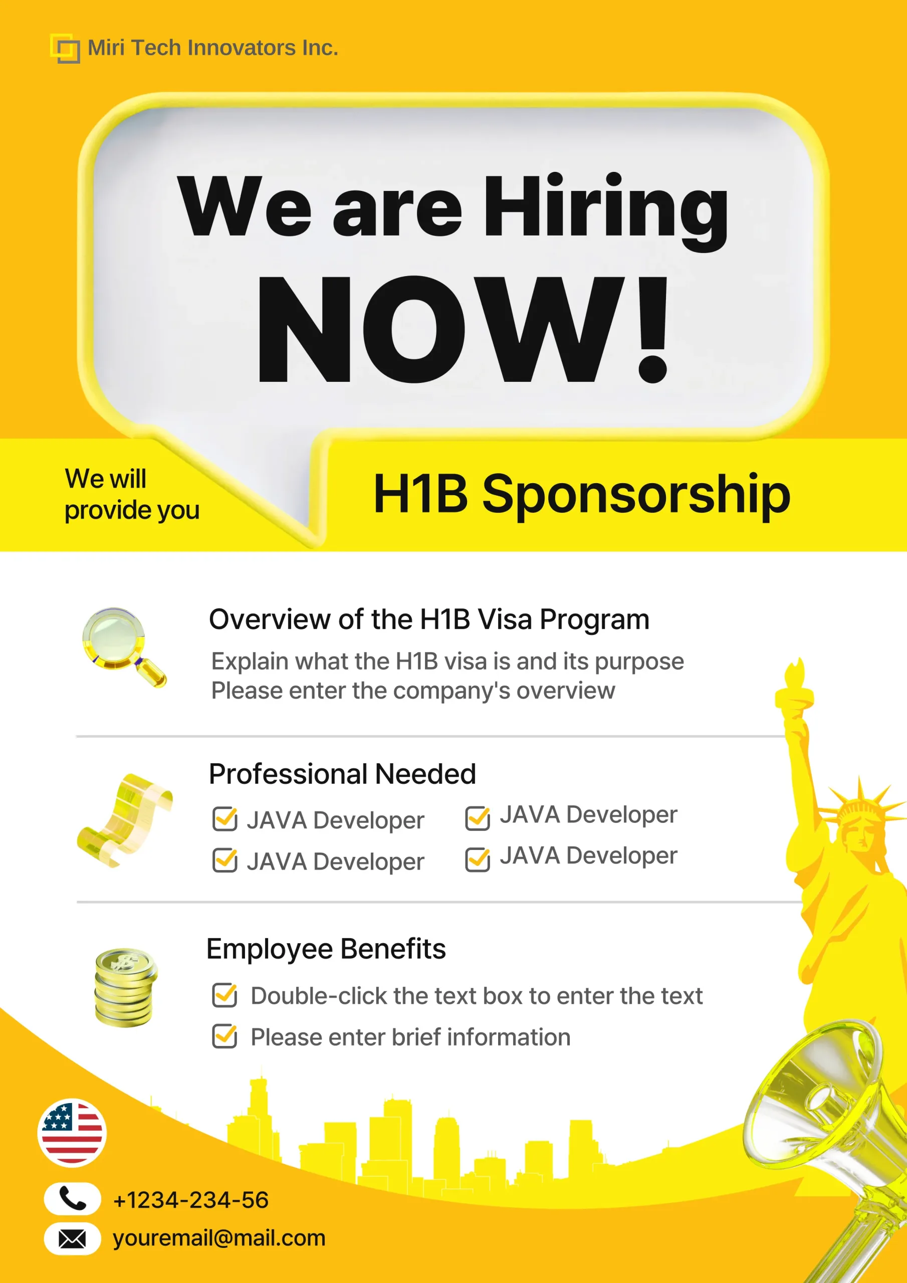 Anúncio de emprego da Miri Tech Innovators Inc. oferecendo patrocínio H1B para desenvolvedores JAVA. Detalhes sobre o visto, vagas necessárias e benefícios para os empregados.