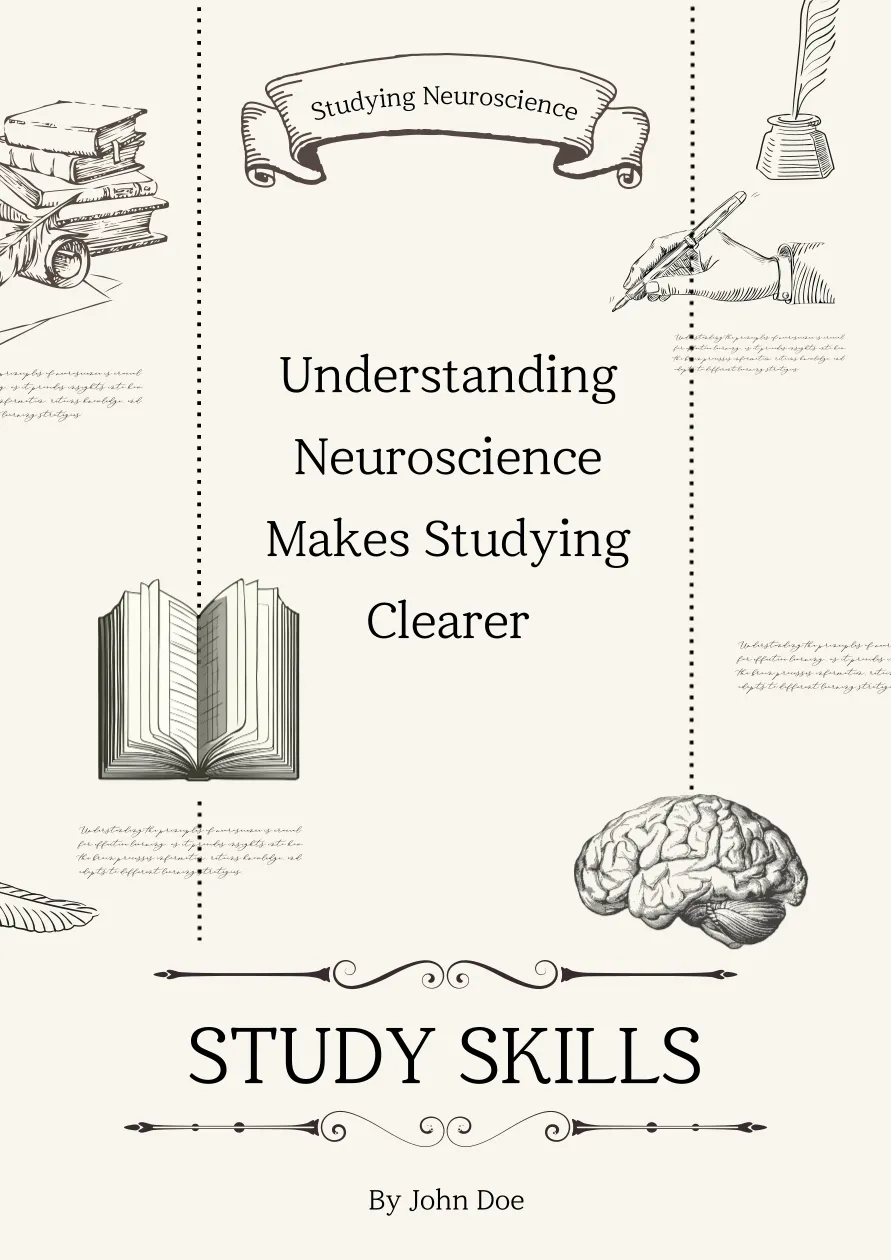 Capa de livro com ilustrações vintage e título "Understanding Neuroscience Makes Studying Clearer", com imagens de cérebro, livro, pena e manuscritos
