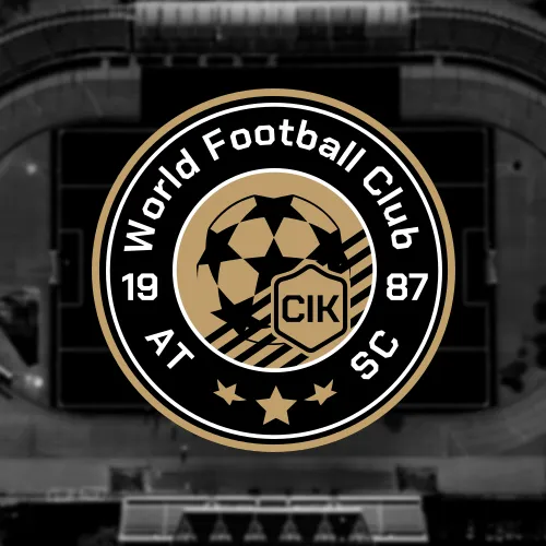 Logo do World Football Club com a inscrição "World Football Club" ao redor de uma bola de futebol estilizada, com elementos dourados e estrelas.