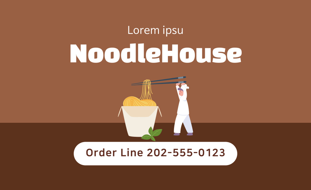 Anúncio de restaurante NoodleHouse com imagem de chef segurando macarrão, número de telefone para pedidos e logo estilizado.
