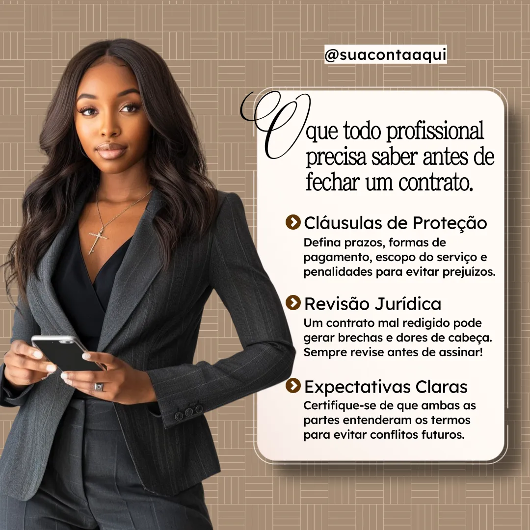 Infográfico sobre o que todo profissional precisa saber antes de fechar um contrato, destacando cláusulas de proteção, revisão jurídica e expectativas claras