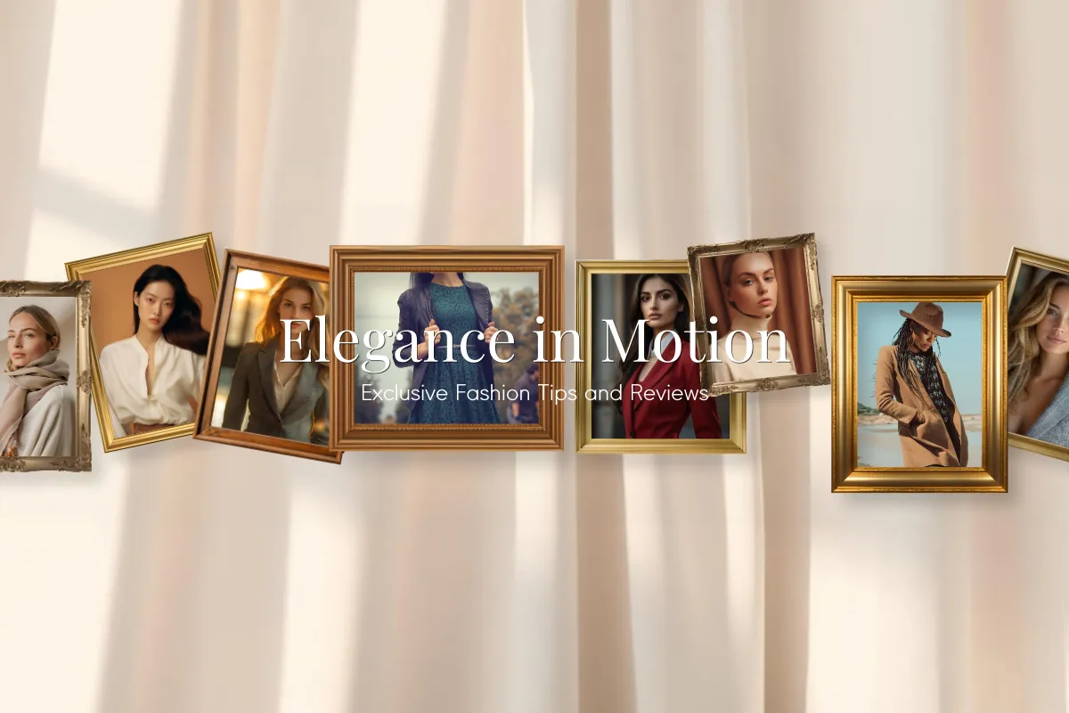 Banner com molduras douradas exibindo mulheres estilosas e texto “Elegance in Motion – Exclusive Fashion Tips and Reviews” sobre fundo de cortina clara.