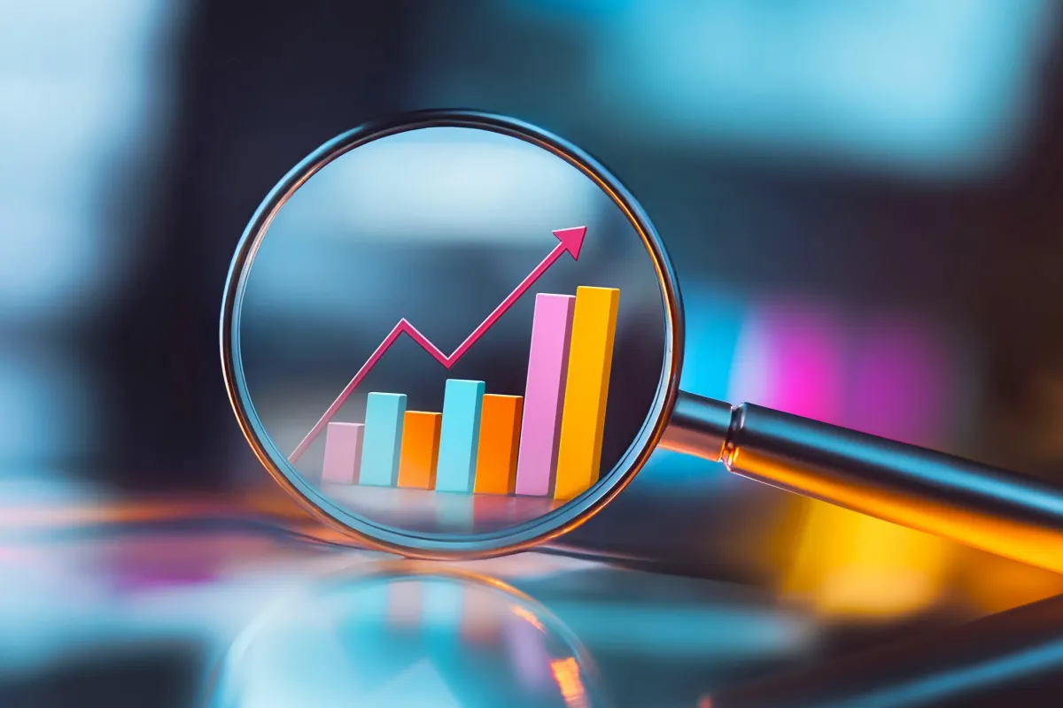 Lupa ampliando gráfico de barras colorido com linha de crescimento e seta para cima, simbolizando análise de desempenho positivo
