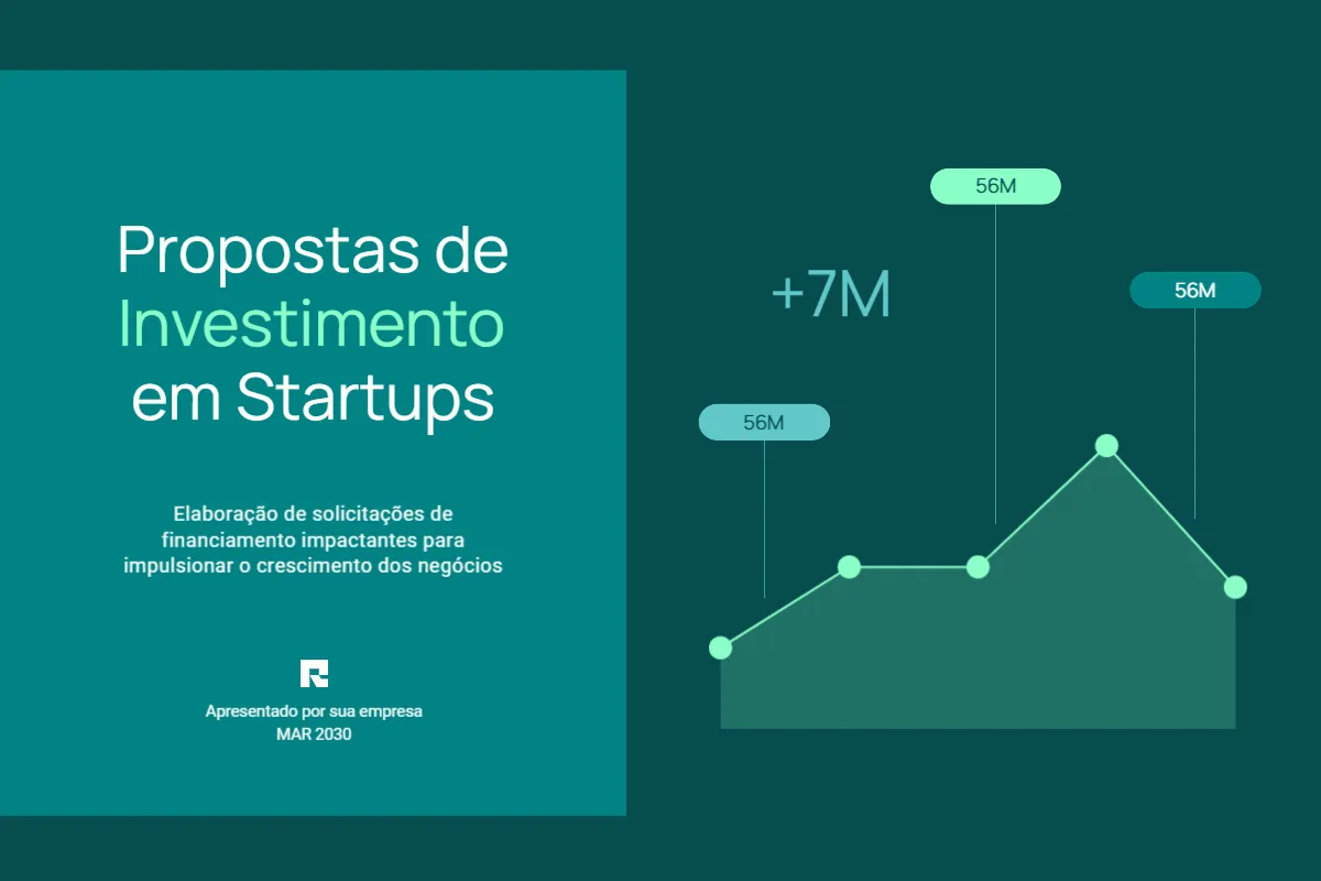 Slide com título “Propostas de Investimento em Startups” ao lado de gráfico de linha mostrando crescimento de financiamento com dados de 56 milhões e aumento de 7 milhões