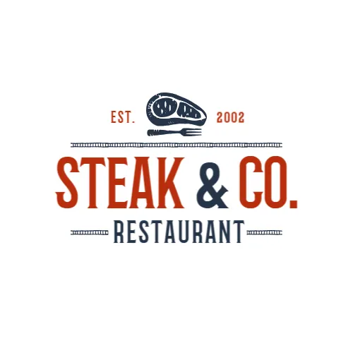 Logo do restaurante Steak & Co., com estampa de carne e garfo, estabelecido em 2002
