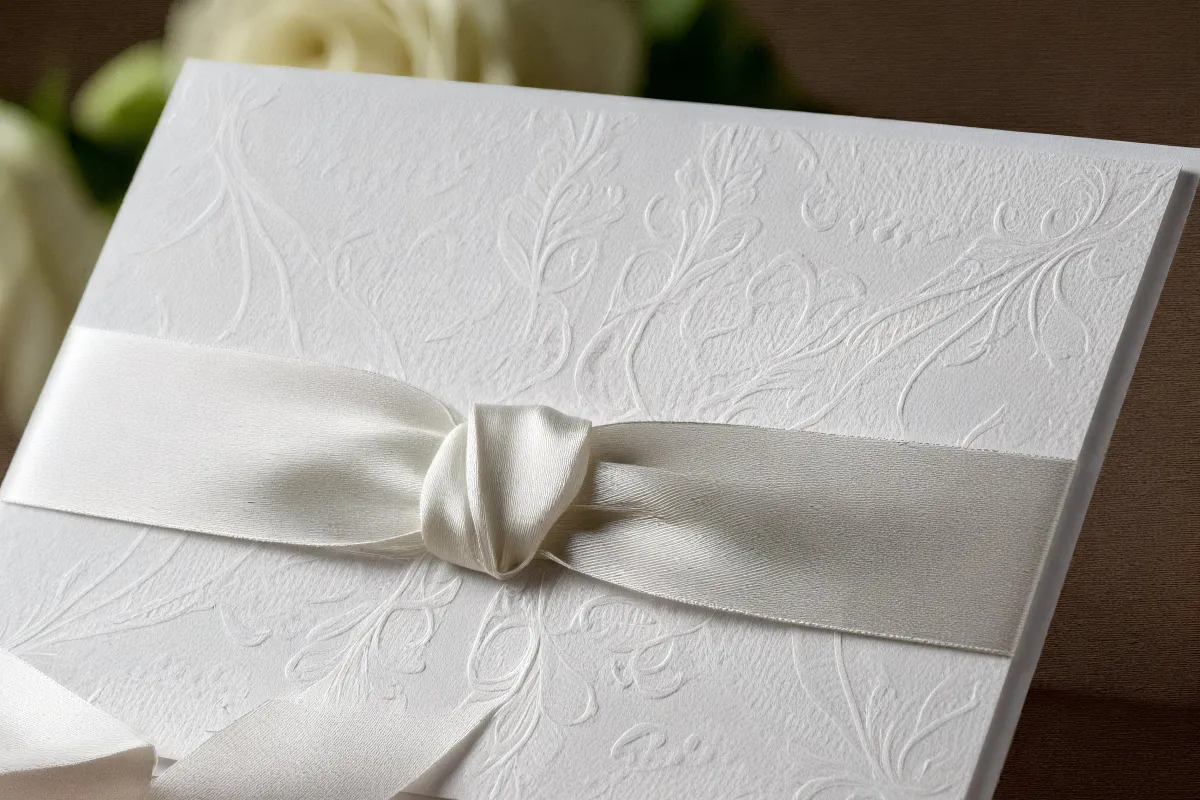 Cartão branco com motivo em relevo e laço de cetim branco, posicionado sobre uma superfície de madeira clara.