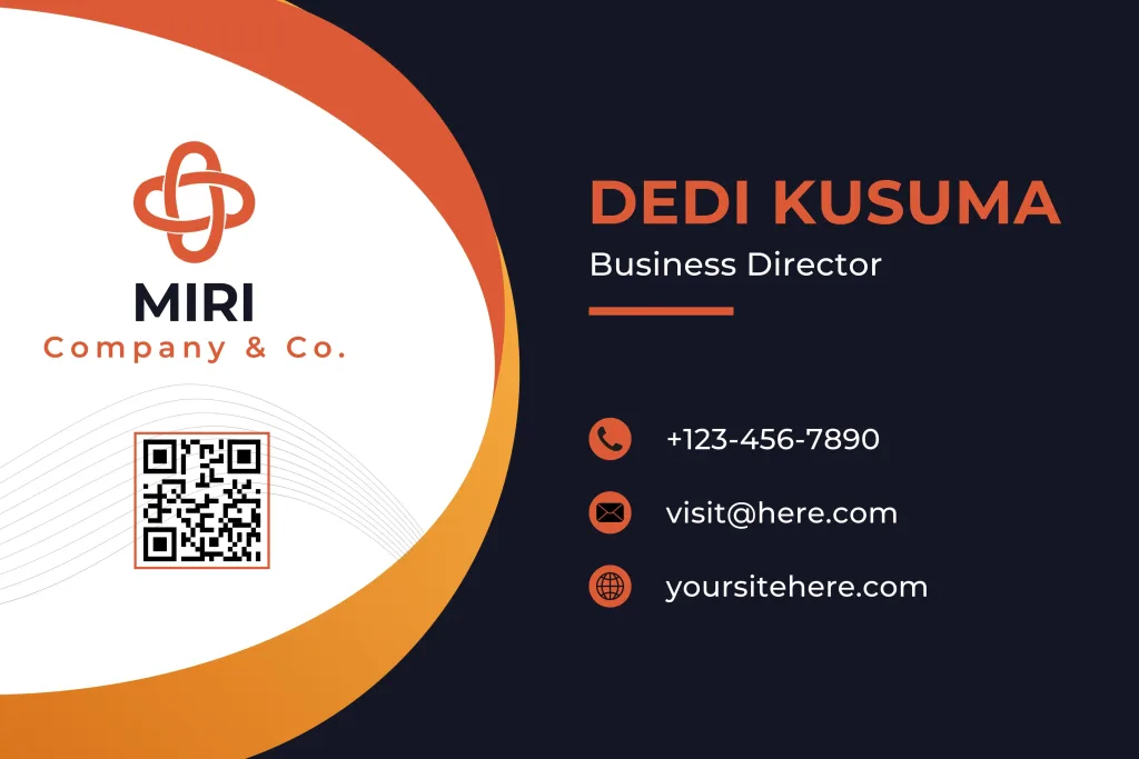 Cartão de visita da MIRI Company & Co. com nome Dedi Kusuma, cargo de Business Director, e informações de contato, incluindo telefone, e-mail, site e QR Code