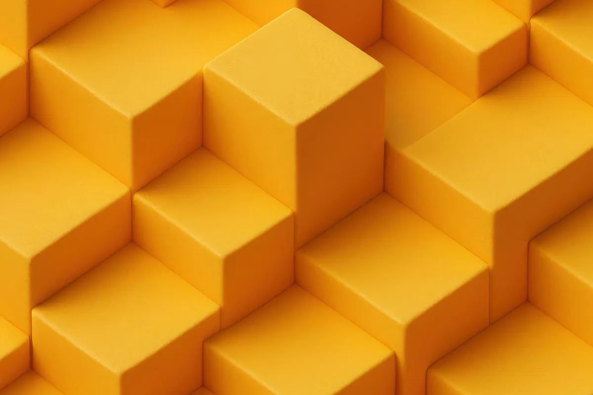 Imagem de cubos 3D dispostos em padrão geométrico, com tons de amarelo vibrante, criando uma textura visualmente interessante