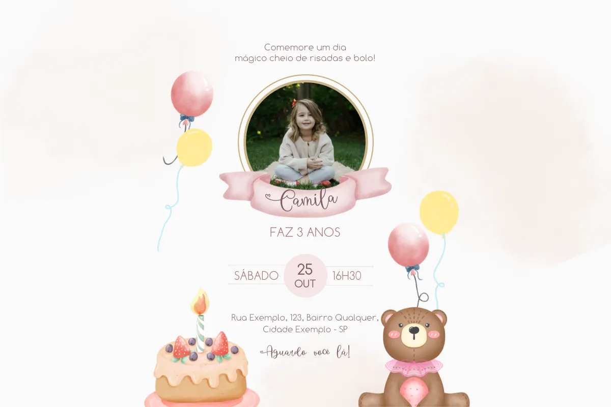 Convite de aniversário de criança com tema de festa, com balões, bolo e ursinho de pelúcia. Aniversariante Camila, 3 anos, com foto no centro.