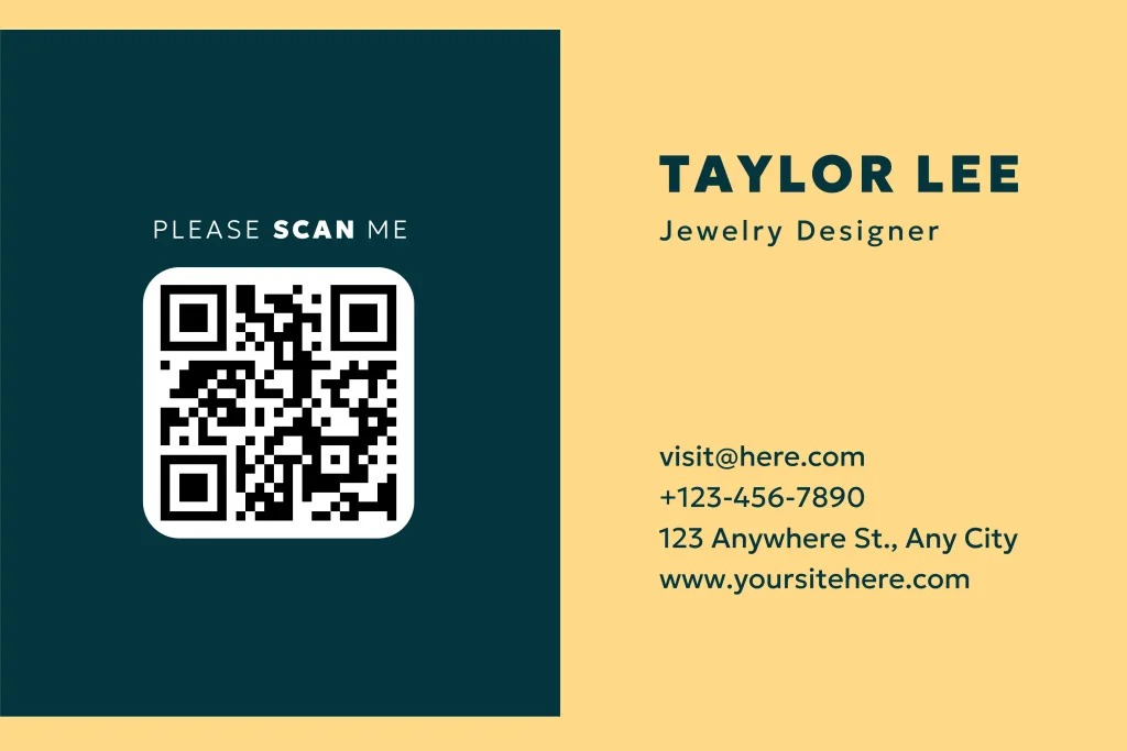 Cartão de visita de Taylor Lee, designer de joias, com informações de contato, incluindo e-mail, telefone, endereço e site, além de um QR Code para acesso rápido