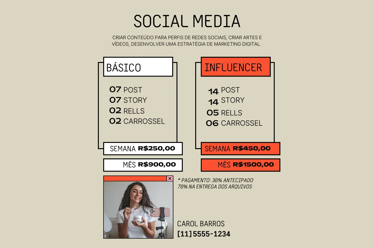 Imagem de tabela de preços para pacotes de serviços de criação de conteúdo para redes sociais, com opções de pacotes básico e influencer. Inclui detalhes de posts, stories, reels e carrossel, além de informações de pagamento e contato.