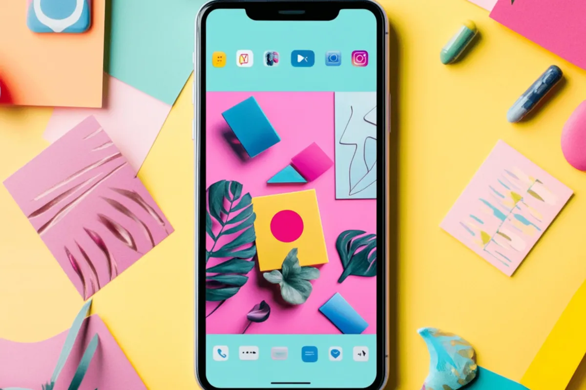 Smartphone com tela exibindo ícones de aplicativos e composições geométricas coloridas, apoiado sobre superfícies de papel em tons de amarelo, rosa e azul.