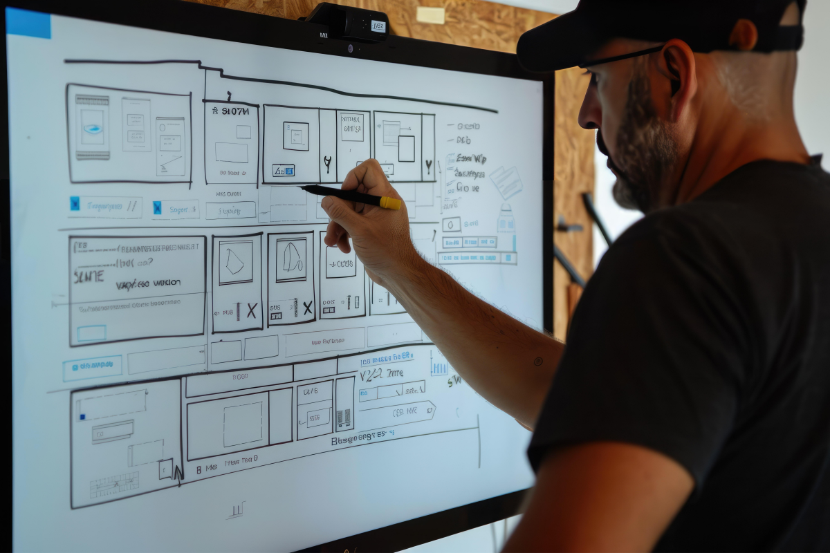 Imagem de um designer utilizando uma tela interativa para desenhar wireframes e protótipos de interface de usuário, com esboços de páginas e elementos de navegação.