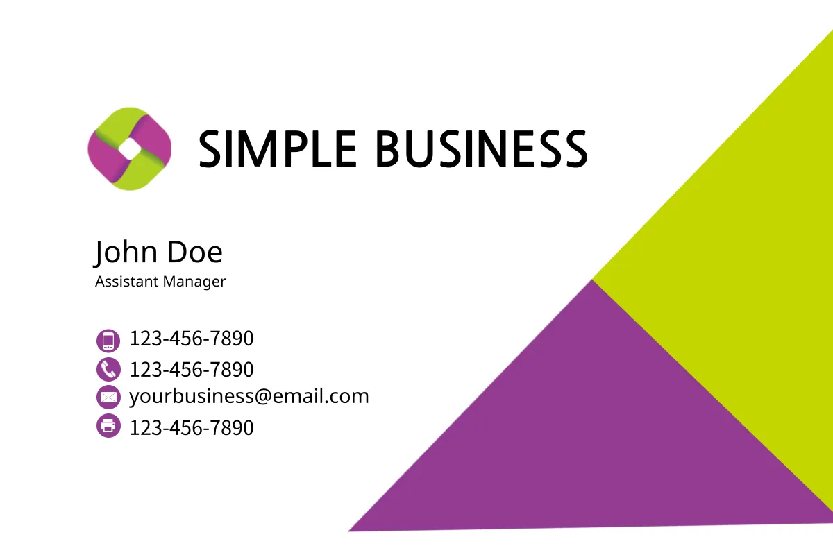 Cartão de visita da empresa Simple Business com o nome John Doe, cargo de Assistant Manager, e informações de contato, incluindo telefone, e-mail e site.