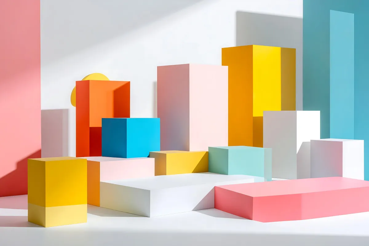 Imagem de uma composição geométrica colorida com blocos tridimensionais em várias cores, como rosa, laranja, azul, amarelo e verde. A cena apresenta formas retangulares e quadradas dispostas de maneira criativa, com uma luz suave que destaca as sombras e as cores vibrantes.