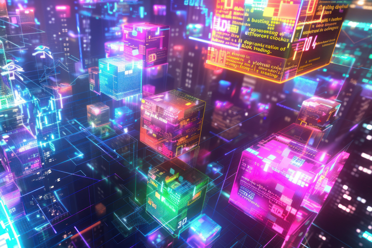 Cubos translúcidos iluminados por luzes neon flutuando sobre uma grade digital em ambiente futurista