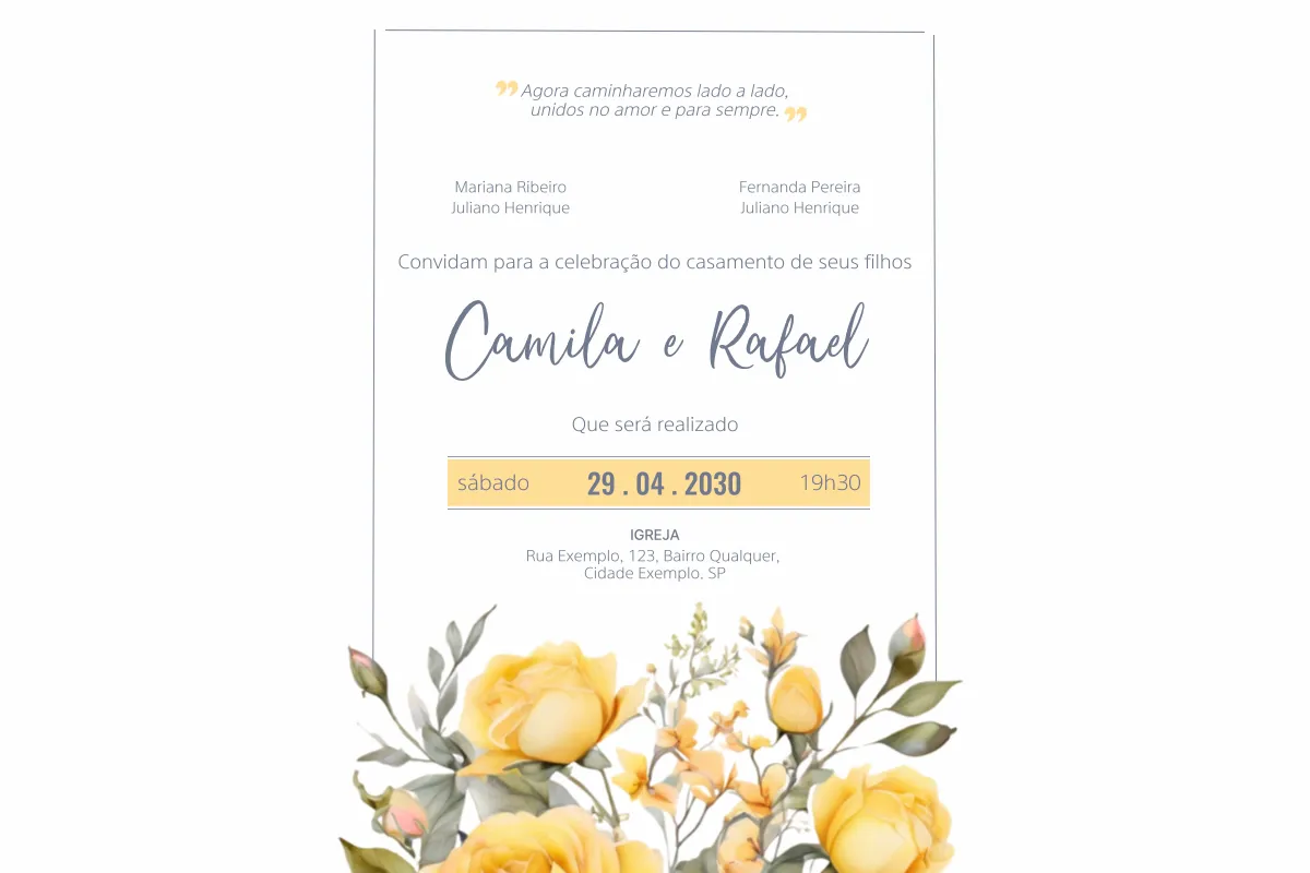 Convite de casamento com flores amarelas, detalhes delicados e informações sobre o evento de Camila e Rafael, com data, horário e local