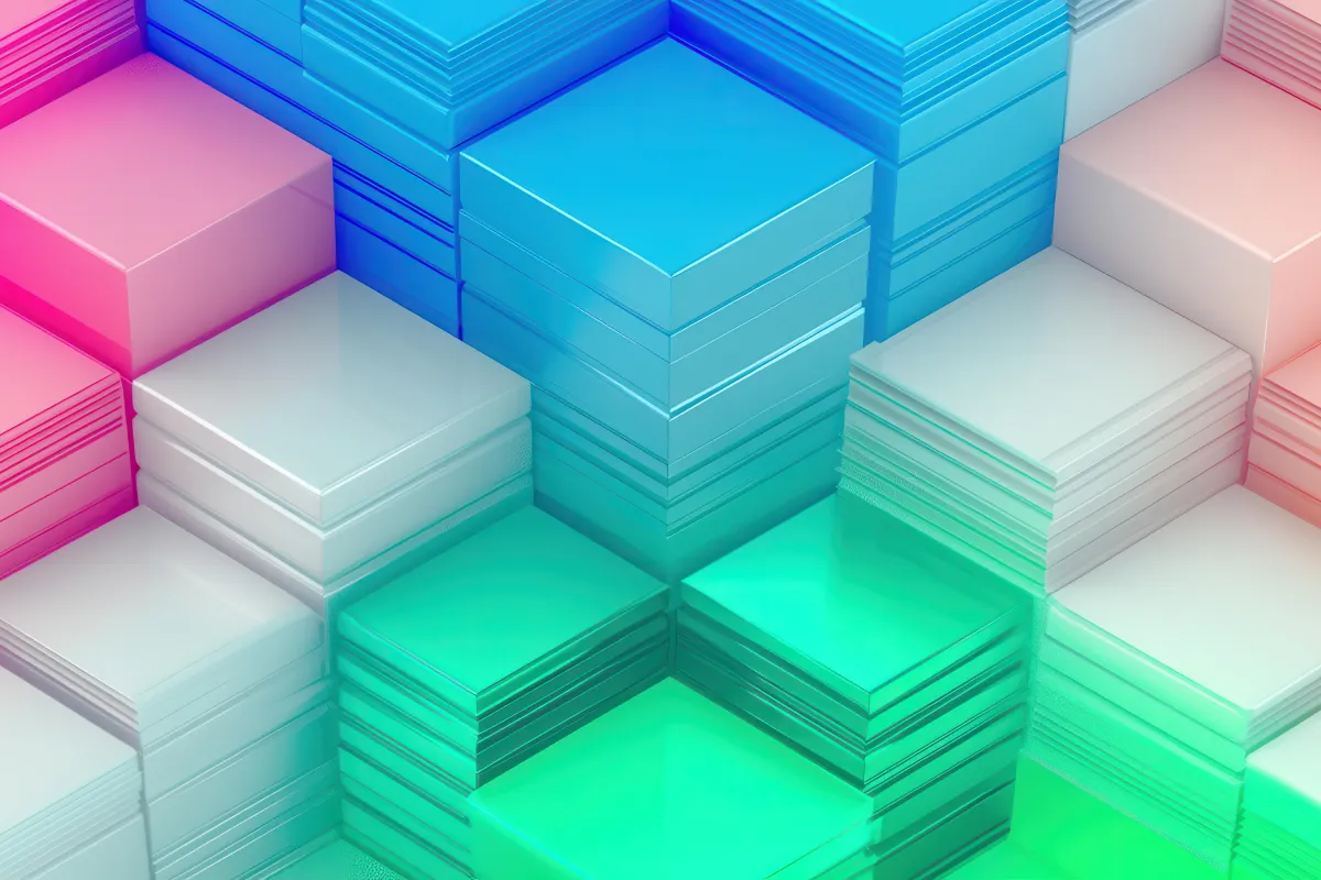 Imagem abstrata de pilhas de blocos quadrados dispostos em forma de escada, com cores em degradê de rosa, azul e verde.
